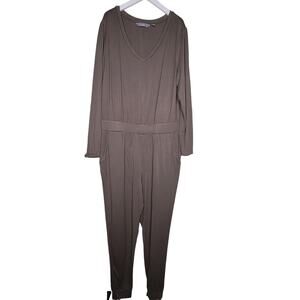 G by Giuliana LounGy Jumpsuit XL Olive Green VNeck Long Sleeve Pocket Loungewear